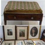 A mixed lot to include a Regency mahogany stool with a tapestry top and a drawer on ring turned legs