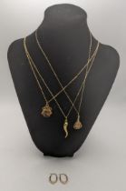 9ct gold comprising of four fine necklaces each with a pendant and a pair of earrings 10.8 total