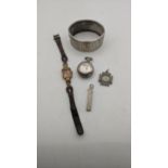 Silver to include a pocket watch case, a propelling pencil also as a pendant, a white metal bangle