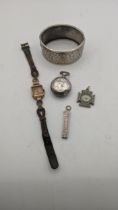 Silver to include a pocket watch case, a propelling pencil also as a pendant, a white metal bangle