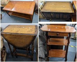 Mixed furniture to include a yew wood coffee table, an oak blanket chest, an oak gate leg table