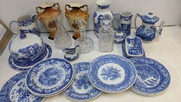 Blue and white ceramics, glassware and pottery to include a Spode Italian pattern cheese dome,