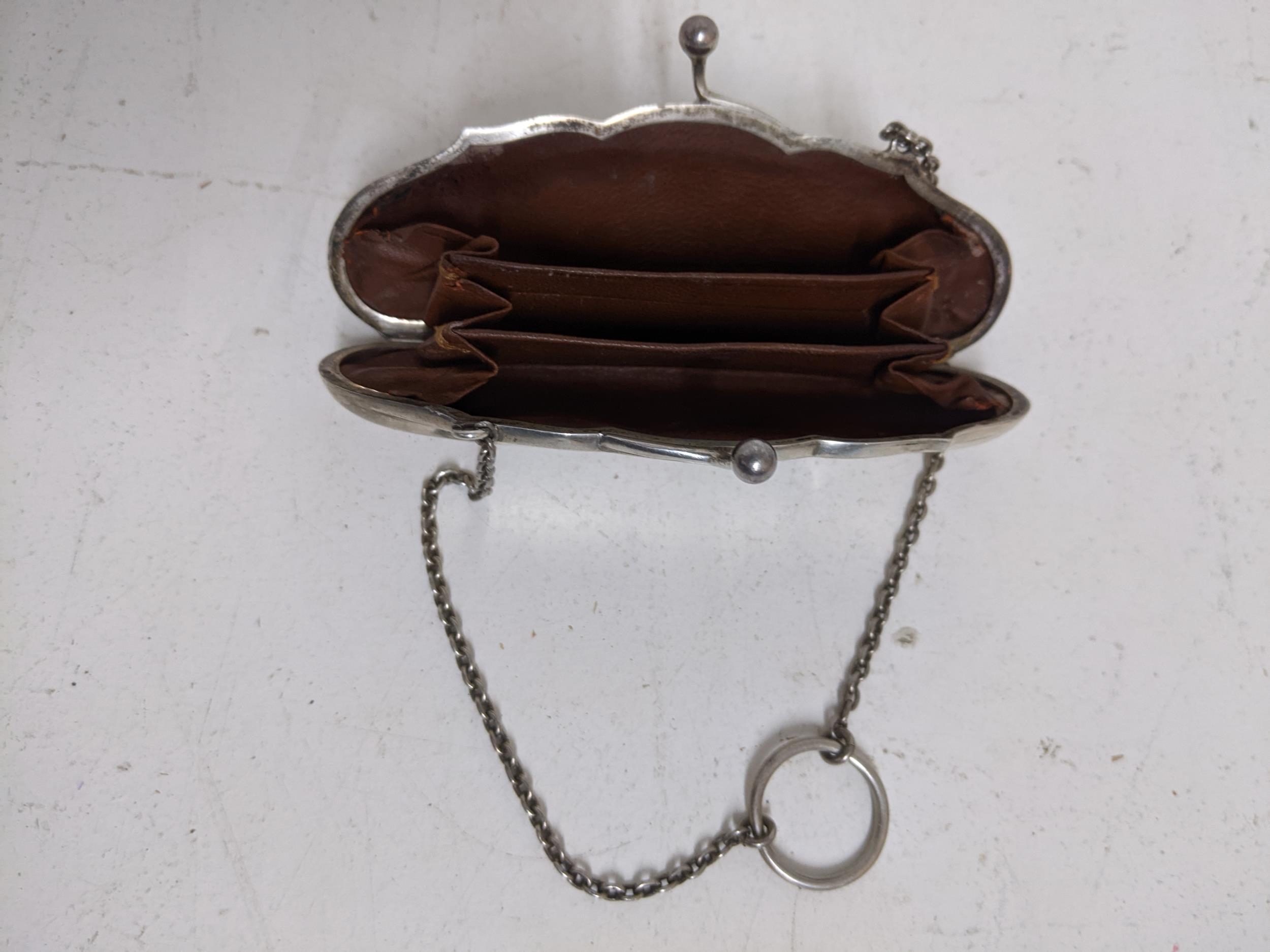 A George V silver ladies purse with leather fitted interior on a chain and suspension ring, - Image 3 of 3