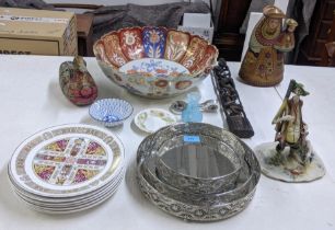 A mixed lot to include a large Japanese Satsuma bowl, a model of a gentleman and dog standing with