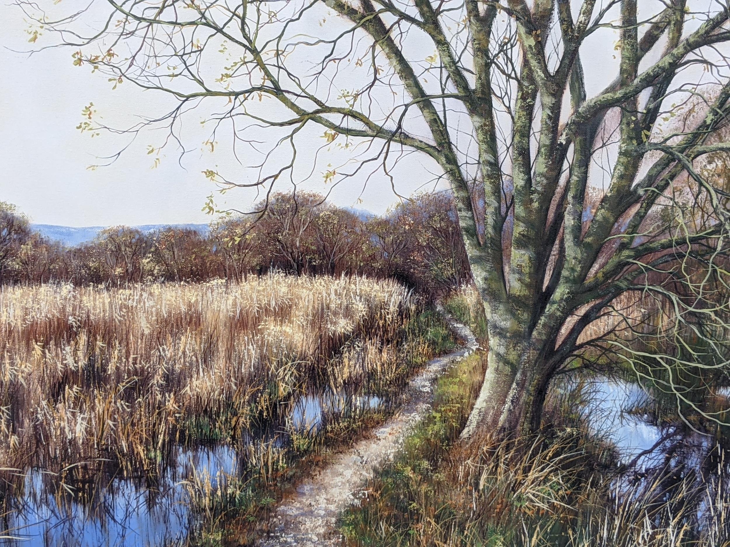 A lake and woodland scene depicting wetlands and a single track by Deborah Poynton, oil on canvas, - Bild 2 aus 4