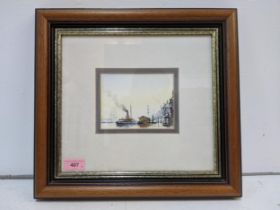 A watercolour on board depicting a paddle steamer in a harbour, signature 'Peter Knox' framed and