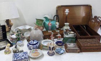 A mixed lot to include a salt glazed jug, 19th century Spode spill vase, Brentleight porcelain table