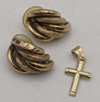 A pair of gold multi half hoop textured stud earrings tested as 9ct gold 3.3g, together with a cross