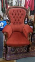 A Victorian mahogany salon button back upholstered armchair Location: If there is no condition