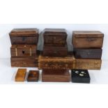 A selection of mainly 19th century boxes to include a rosewood marquetry inlaid example, an early