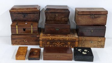 A selection of mainly 19th century boxes to include a rosewood marquetry inlaid example, an early