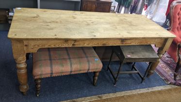 A reclaimed pine farmhouse table on four turned legs, 76cm h x 193cm w Location: If there is no