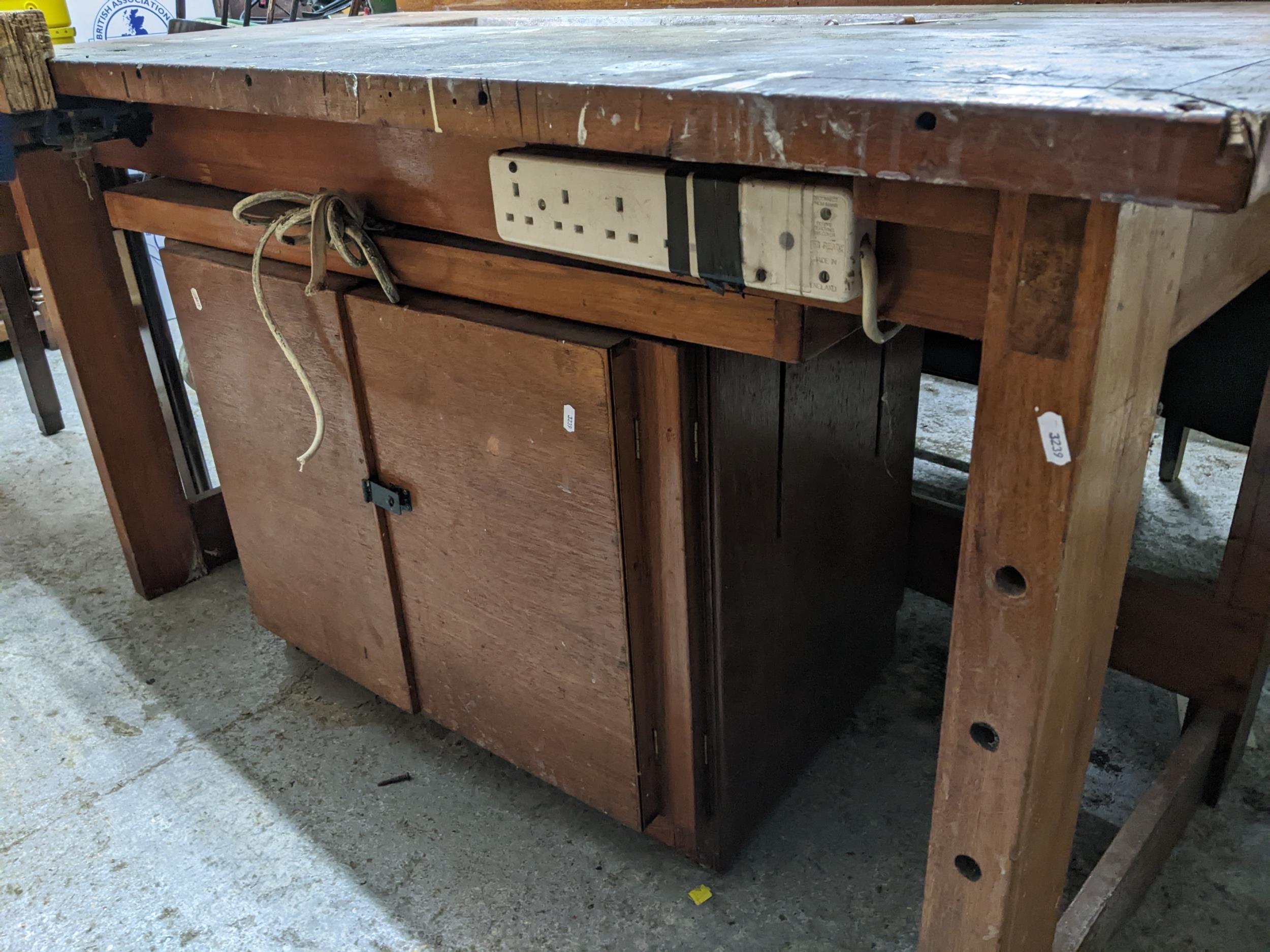 A mid century teak work bench with attached vice and cupboard underneath 89x157.5x77cms Location: If - Image 2 of 3
