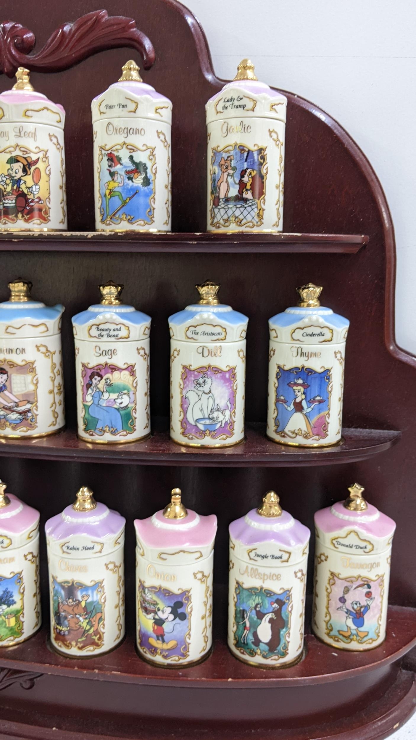 A Lenox Walt Disney fine porcelain jar collection housed within a mahogany wall hanging three tier - Image 5 of 5