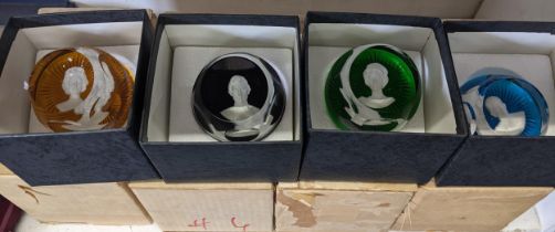 Four Caithness commemorative paperweights, Queen Elizabeth II, Prince of Wales, The Princess Anne,