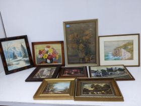 A mixed lot of framed pictures to include a watercolour of a coastal scene, signed G Tyler, two