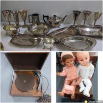 A mixed lot to include a silver plated tea pot, Falstaff goblets and other items together with a