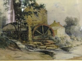 A watercolour depicting a river scene with a waterwheel in the middle ground, bearing a signature '