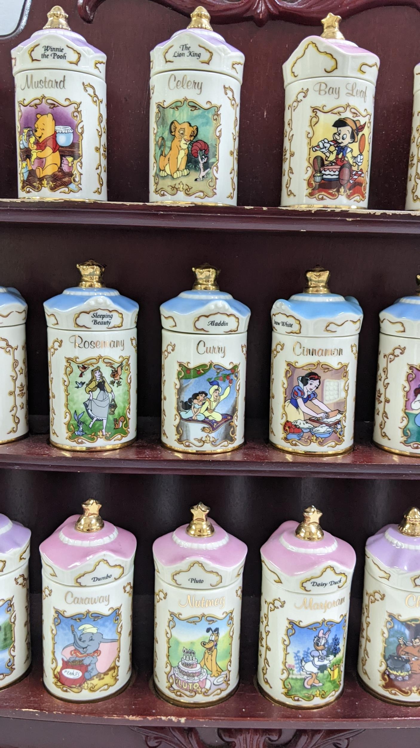 A Lenox Walt Disney fine porcelain jar collection housed within a mahogany wall hanging three tier - Image 4 of 5