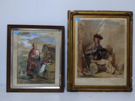 Frederick Tatham (1805-1878) - Two Victorian watercolours - Study of a Hurdy Gurdy Player seated