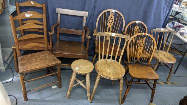 Mixed chairs to include an early 19th century oak country armchair, two ladder back chairs, three