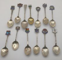 Eleven silver collectors tea spoons, some with twisted terminals and decorated with enamel, to