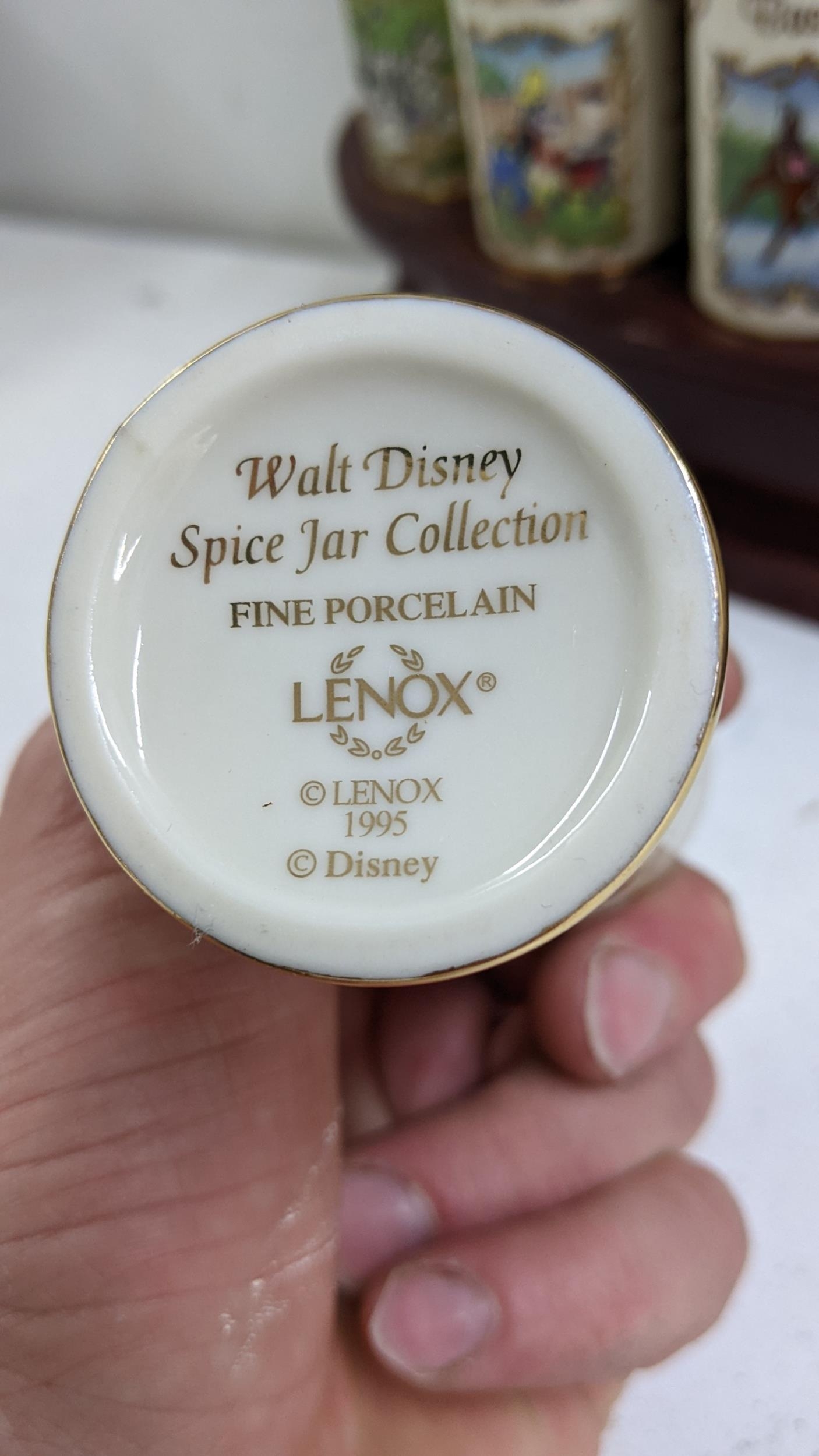 A Lenox Walt Disney fine porcelain jar collection housed within a mahogany wall hanging three tier - Image 2 of 5