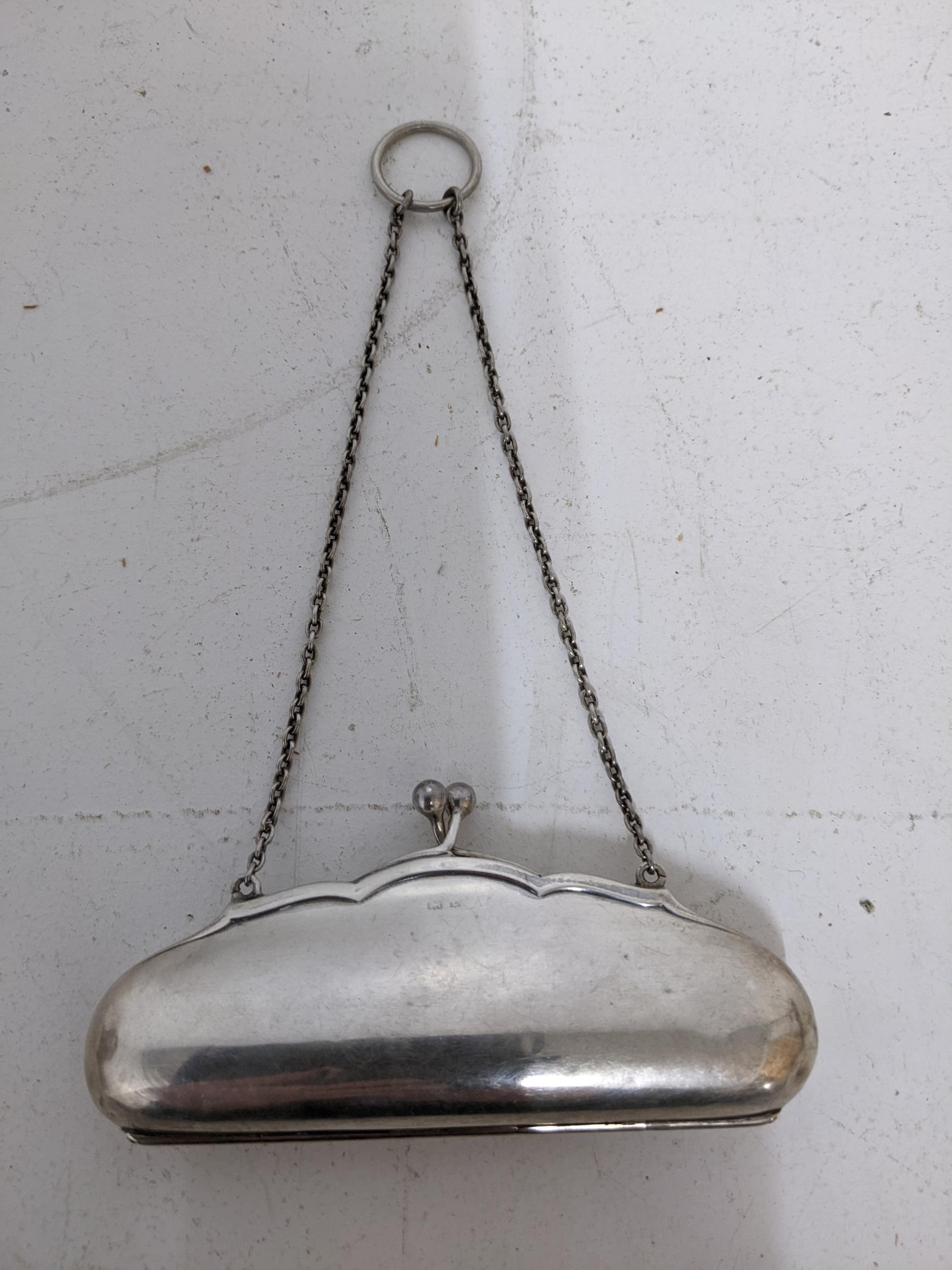 A George V silver ladies purse with leather fitted interior on a chain and suspension ring, - Image 2 of 3