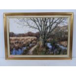 A lake and woodland scene depicting wetlands and a single track by Deborah Poynton, oil on canvas,