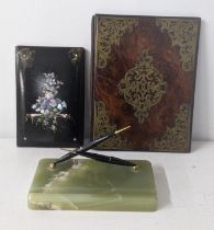 A mixed lot to include a Victorian papier mache and Mother of Pearl document folder, together with a