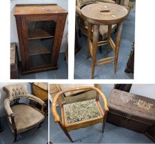 Mixed furniture to include a late Victorian stool, pier cabinet, saloon armchair, piano stool and
