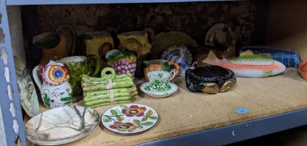 A mixed lot of ceramics to include Portuguese Caugant fish, and other tureens, various jugs, Royal