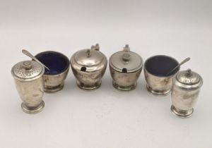 Six silver condiments to include four mustard pots and two pepper pots, total weight 245.3g