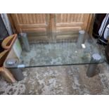 A contemporary glass and polished metal coffee table 36cm x 122cm x 84cm Location: If there is no