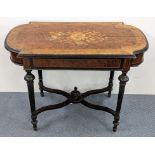 A late Victorian aesthetic marquetry inlaid walnut and ebonized side table having a single drawer