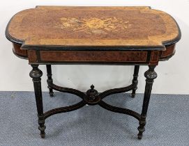 A late Victorian aesthetic marquetry inlaid walnut and ebonized side table having a single drawer