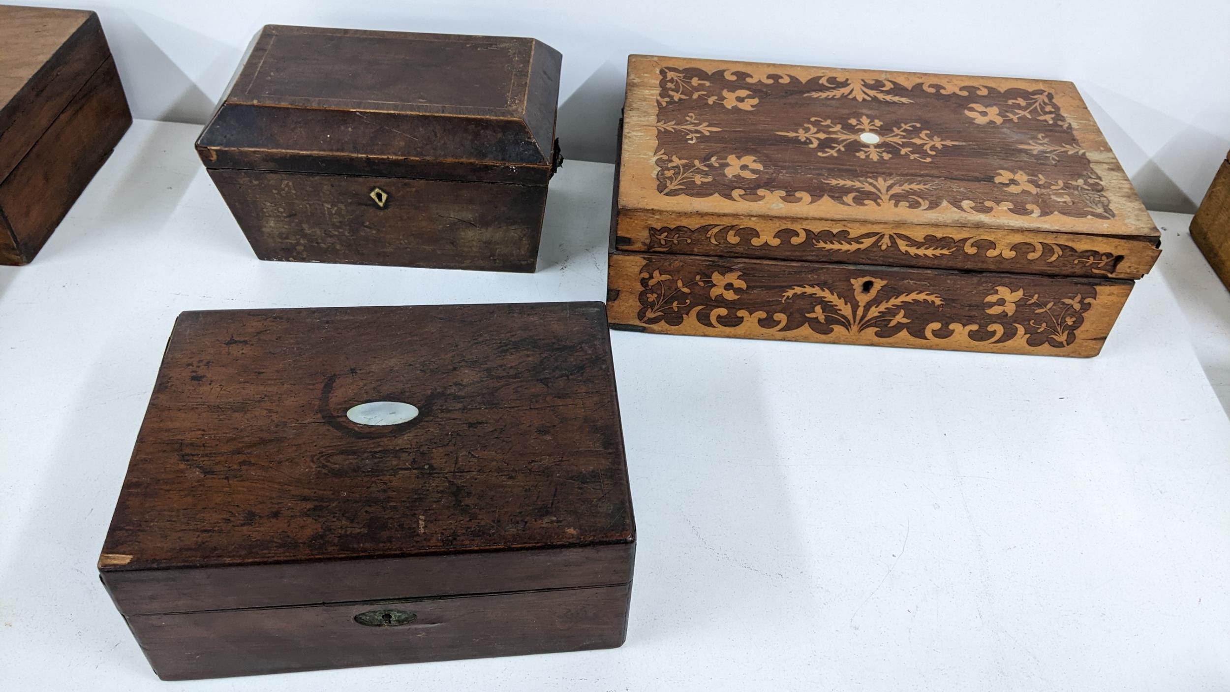 A selection of mainly 19th century boxes to include a rosewood marquetry inlaid example, an early - Image 5 of 5