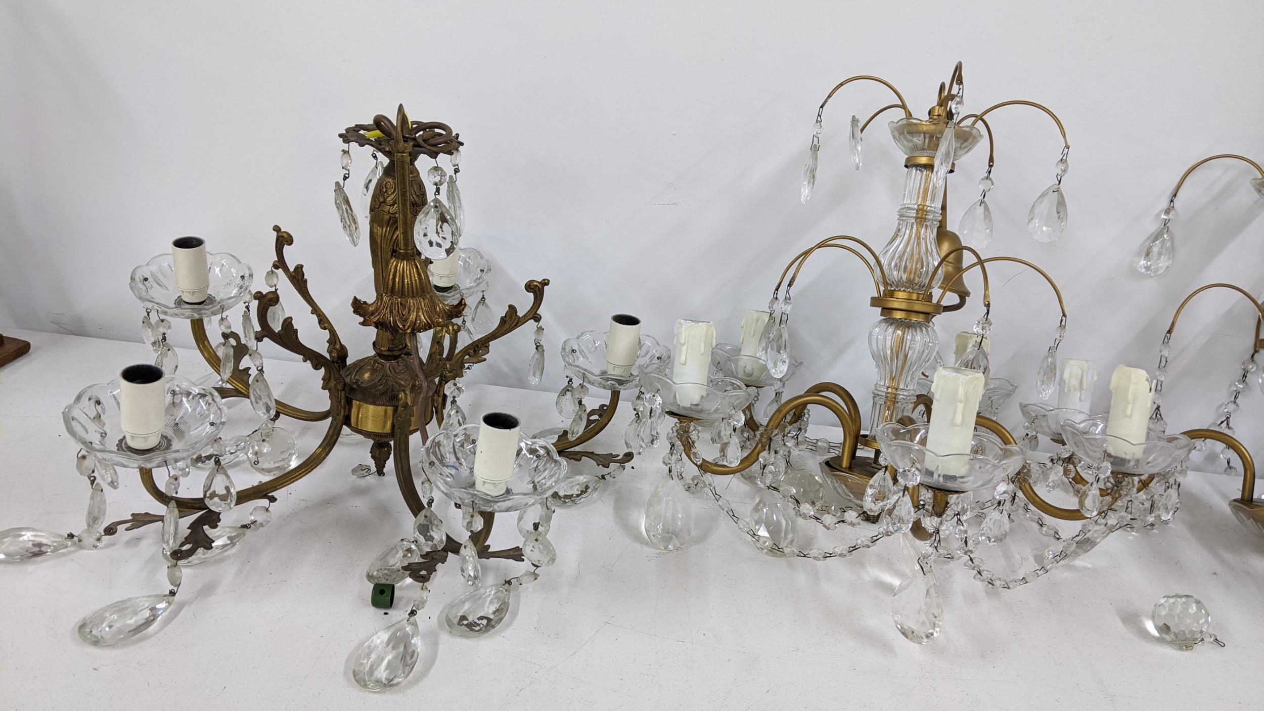 Four mid 20th century gilt metal hanging crystal drop chandeliers Location: If there is no condition - Image 3 of 3