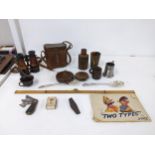 Mixed collectables to include vintage tape measures, a pair of vintage binoculars, flatware, a