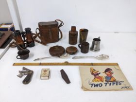 Mixed collectables to include vintage tape measures, a pair of vintage binoculars, flatware, a