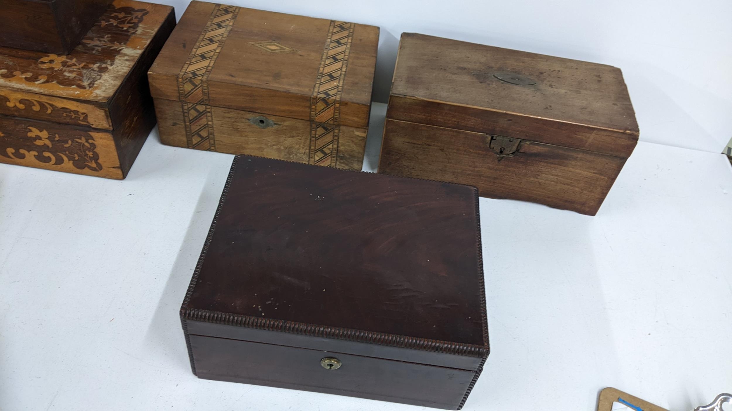A selection of mainly 19th century boxes to include a rosewood marquetry inlaid example, an early - Image 3 of 5
