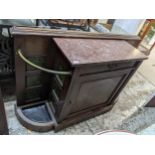 A Victorian oak hall side cabinet with pink variegated marble top flanked by brass sectioned stick