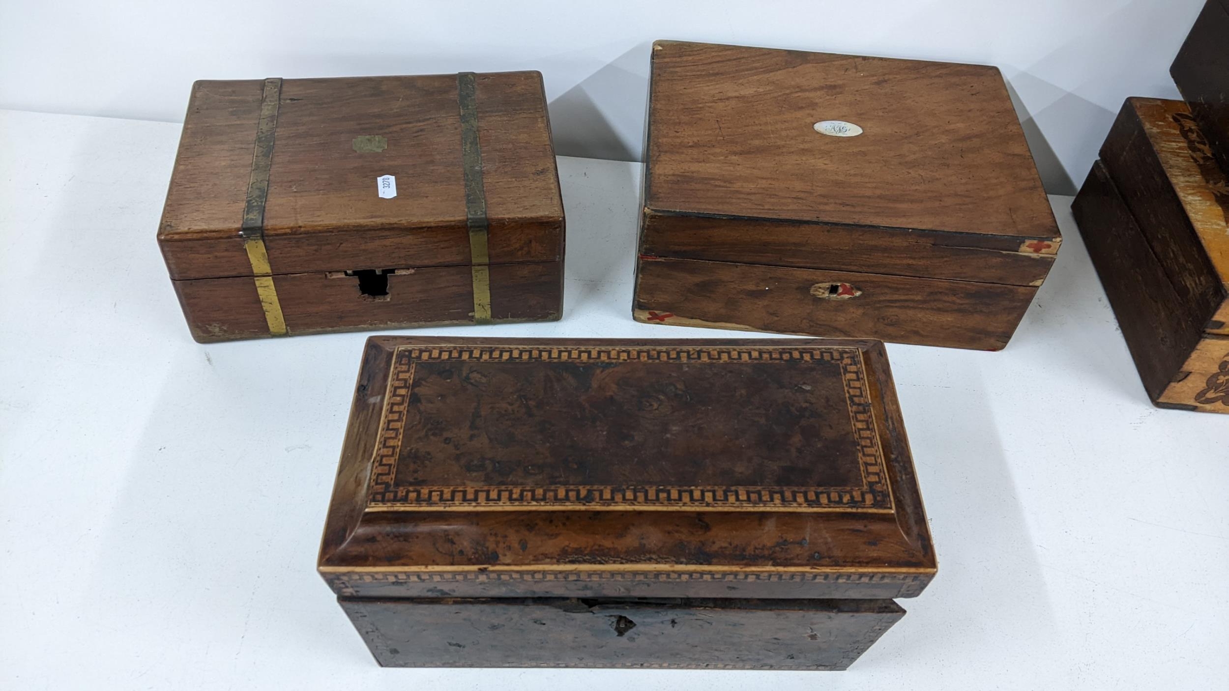 A selection of mainly 19th century boxes to include a rosewood marquetry inlaid example, an early - Image 4 of 5