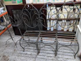 Three painted wrought iron garden chairs and two pedestal plant pot holders Location: If there is no
