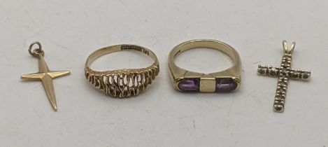9ct gold comprising of two rings one set with amethyst and two cross pendants 6.8g Location: If