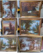 Six 1980s oil paintings to include one depicting a dog in a woodland scene Location: If there is