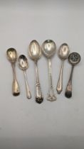 Silver to include three teaspoons, a sugar sifter and three tablespoons, one Sybil Dunlop example