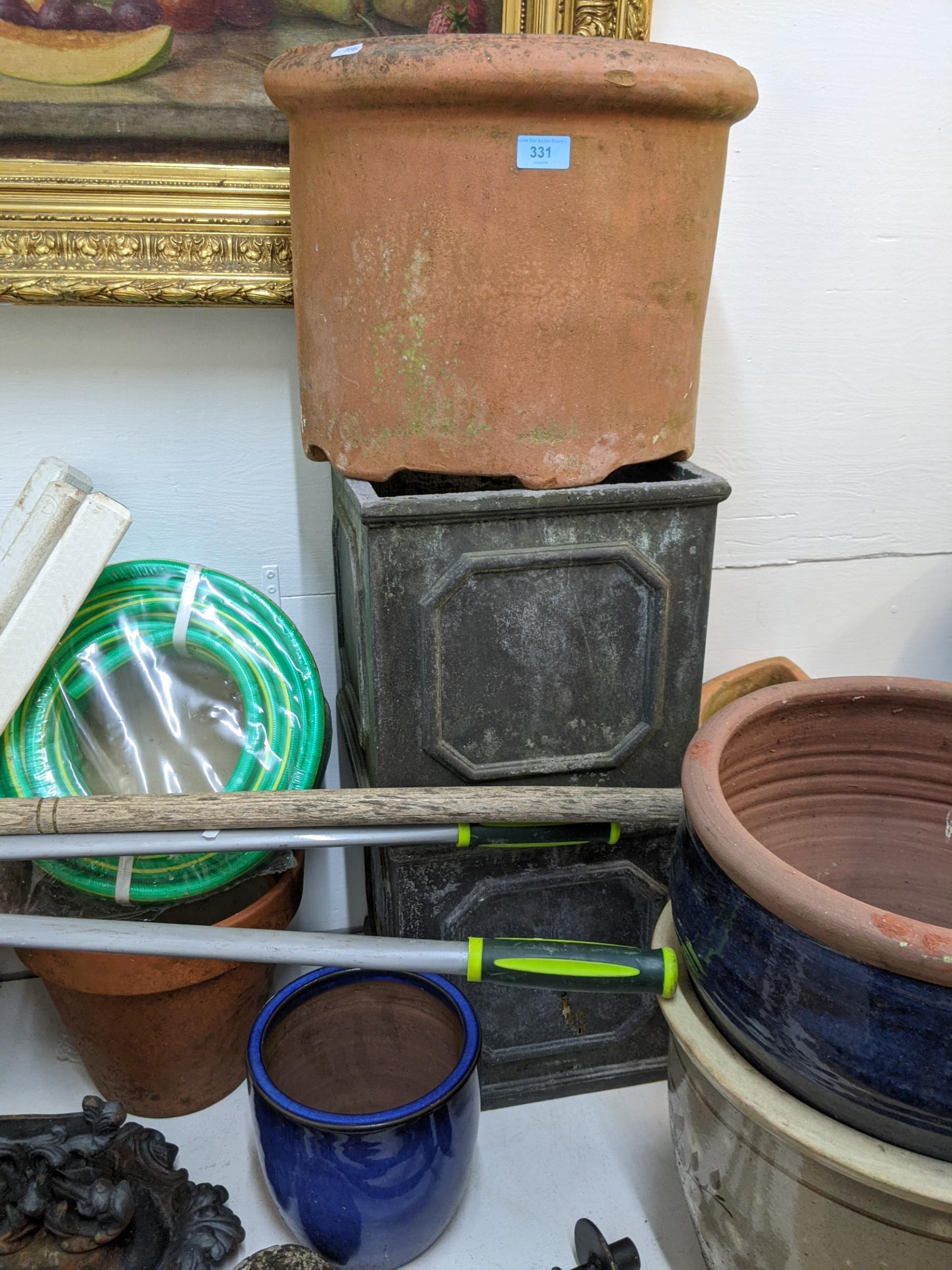 Garden related items to include pots, garden ornaments, a boot scraper, an unused hose, wooden - Image 7 of 9