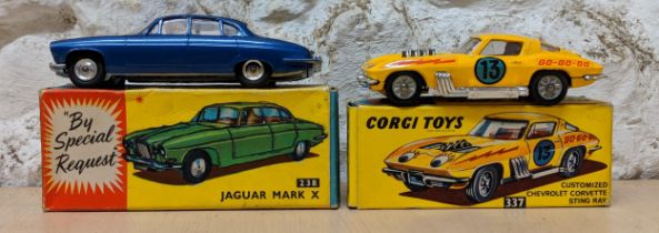 Corgi Toys - A customized Chevrolet Corvette Stingray 337, and a Jaguar Mark X 238 boxed Location: