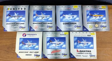 Seven Gemini Jets model commercial airline planes, all boxed to include; an Airbus A330-200 in